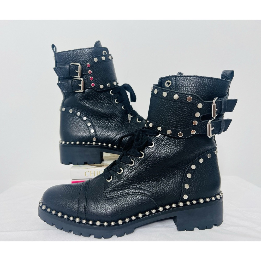Sam Edelman Jennifer Black Leather Studded Ankle Combat Lace Up Side Zip Boots 7 - Picture 2 of 9